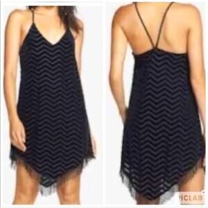 ASTR the Label Chevron Velvet Beaded Hem Shift Dress - Black - S